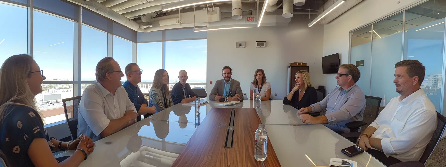 an energetic group of real estate investors engaged in a focused conversation around a sleek conference table in a modern office space, highlighting the dynamics of networking and collaboration for uncovering motivated seller leads.