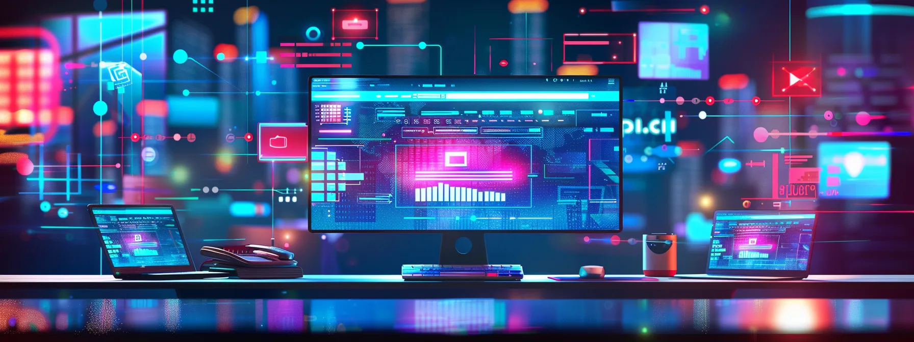 an engaging office workspace features a sleek computer displaying a vibrant personal bio page, surrounded by digital marketing tools and vibrant social media icons, symbolizing the dynamic integration of seo strategies and online engagement for local businesses.